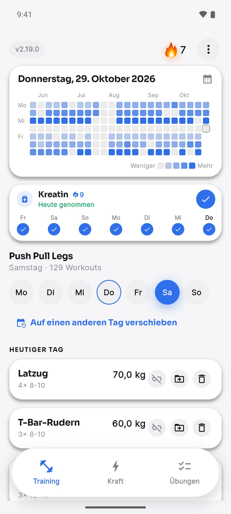Kilo-Startbildschirm: Trainingskalender, Kreatin-Tracker und der Plan für Samstag